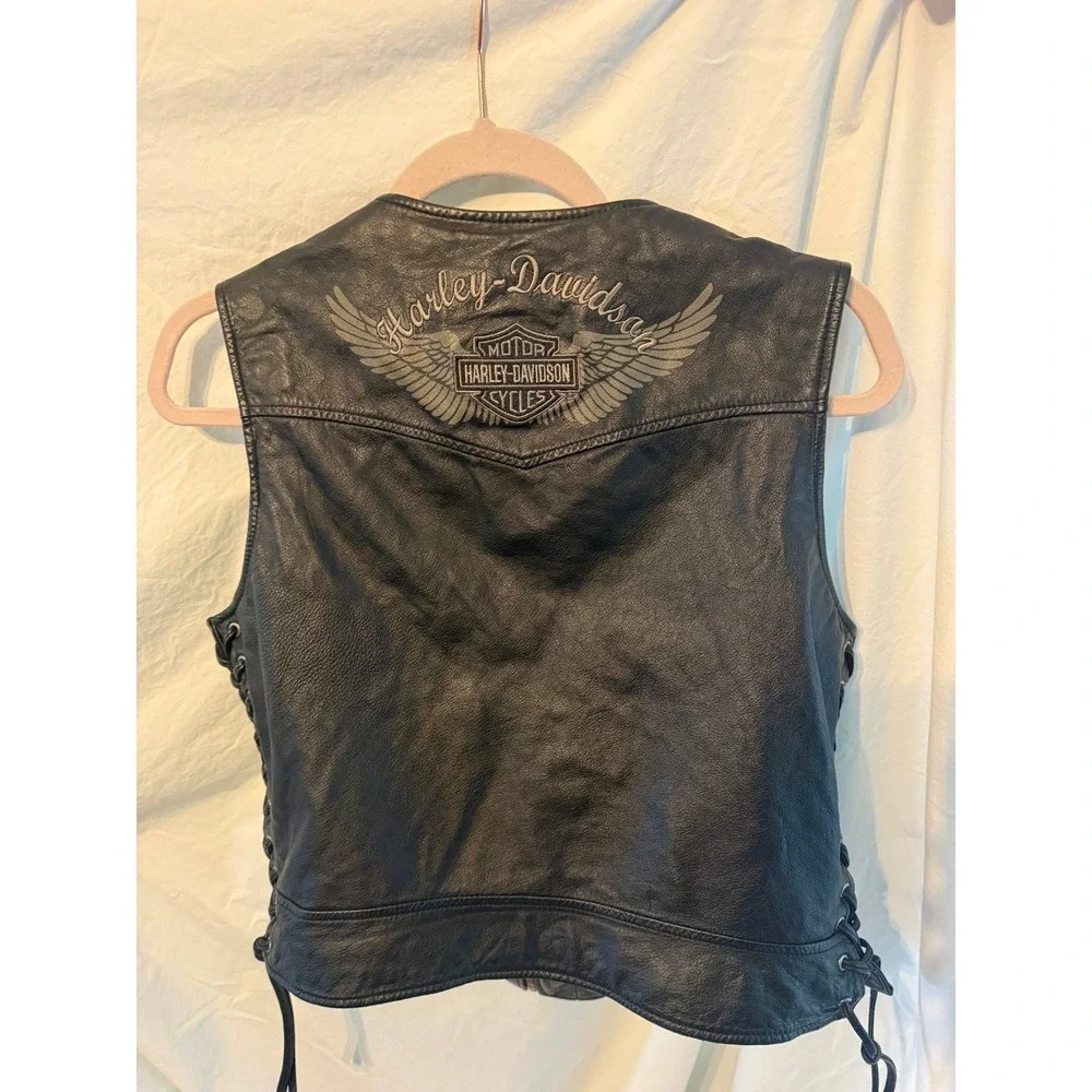 Harley-Davidson Womens XL Black‎ Leather Side Lace Biker Vest Embroidered Logo